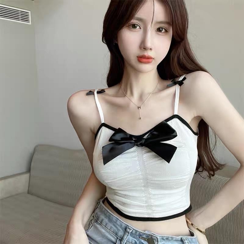 MS625 Áo hai dây nữ kiểu rúm ngực đính nơ croptop