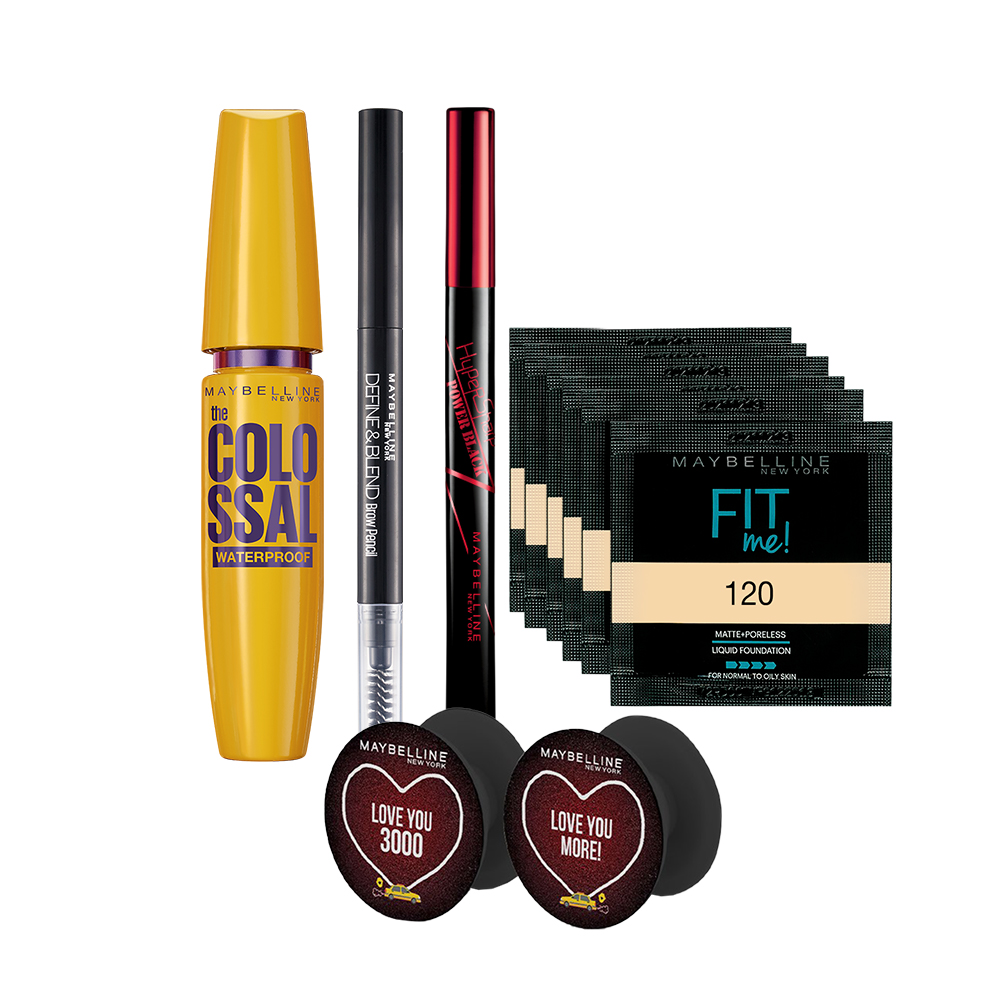 Bộ sản phẩm trang điểm mắt Maybelline (Kẻ mắt HSPower,Kẻ mày Define,Mascara Colossal,sachet Fit me x 6,pop socker x2)