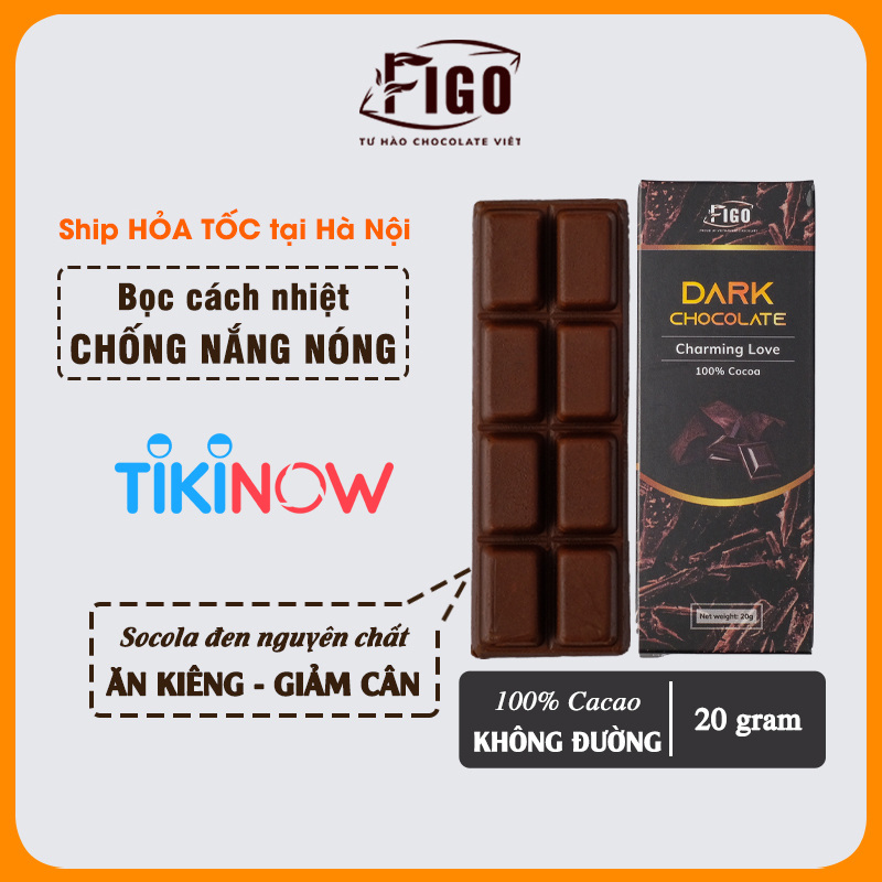 Bar 20gr- Dark Chocolate 100% Cacao, Socola đen nguyên chất không đường, ăn Giảm cân, KETO, DAS, Tiểu đường