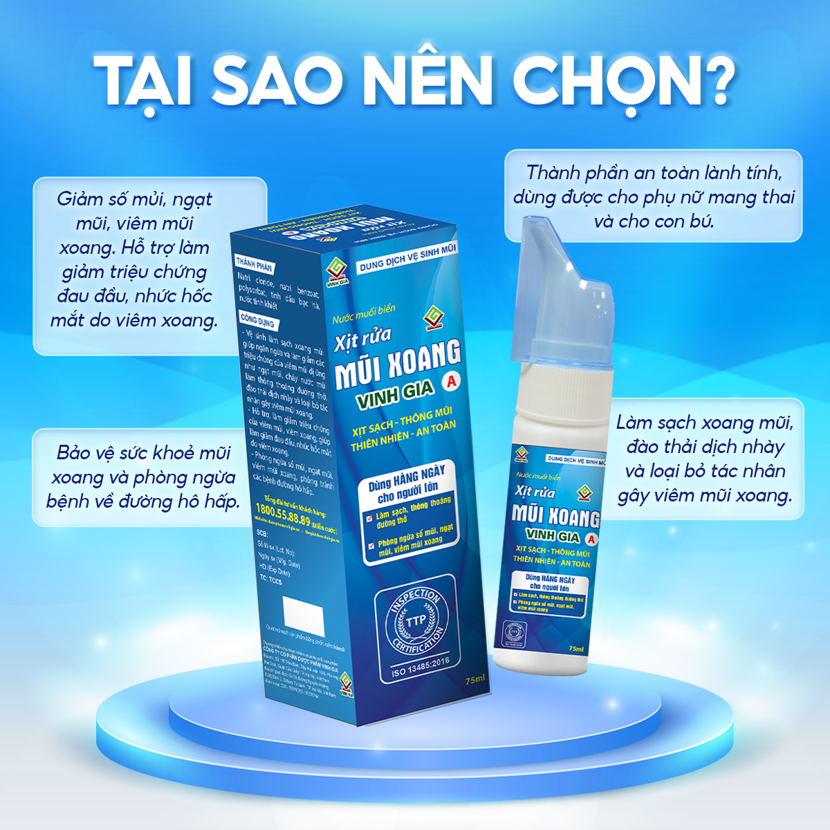 Xịt Rửa Mũi Xoang VINH GIA A Chứa Tinh Dầu Bạc Hà, Giúp hỗ trợ Hơi Thở Thông Thoáng, Bảo Vệ Hô Hấp Dùng Cho Người Lớn - 75ml