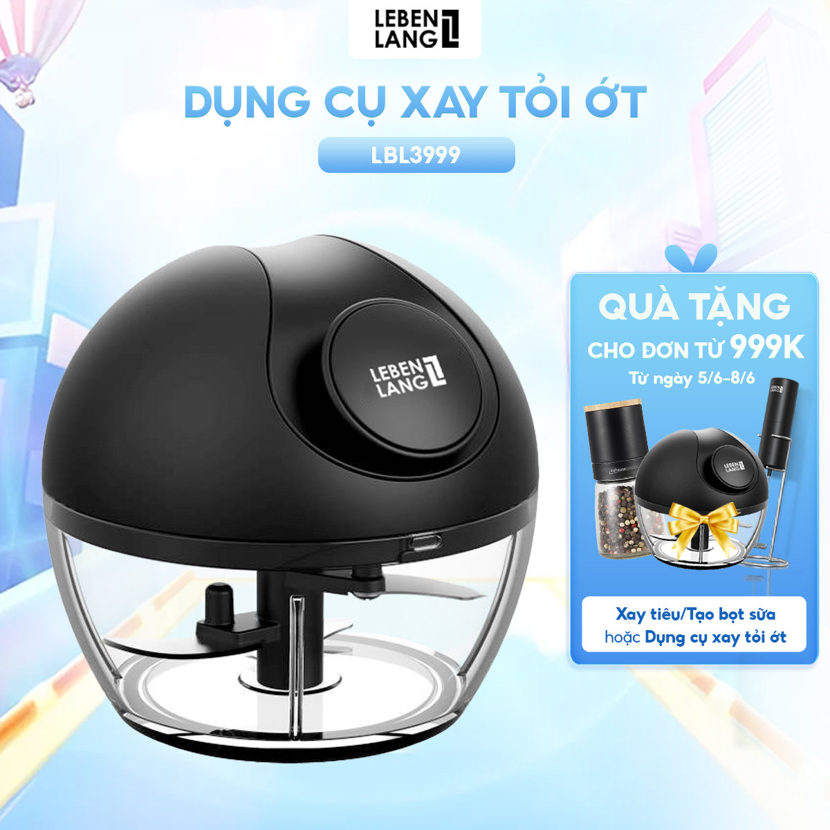Dụng cụ xay tỏi ớt, thực phẩm Lebenlang LBL3999 dung tích 180ml nhỏ gọn, dây kéo rút tiện lợi - hàng chính hãng
