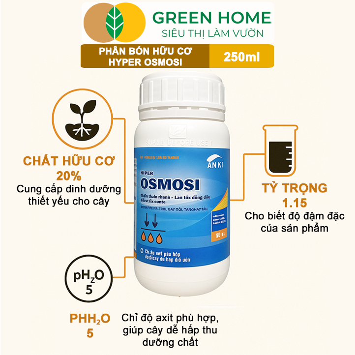 Phân Bón Hữu Cơ Hyper OSMOSI GreenHome, Chai 250ml, Thấm Sâu Nhanh, Tăng Hiệu Quả Hấp Thụ Dinh Dưỡng