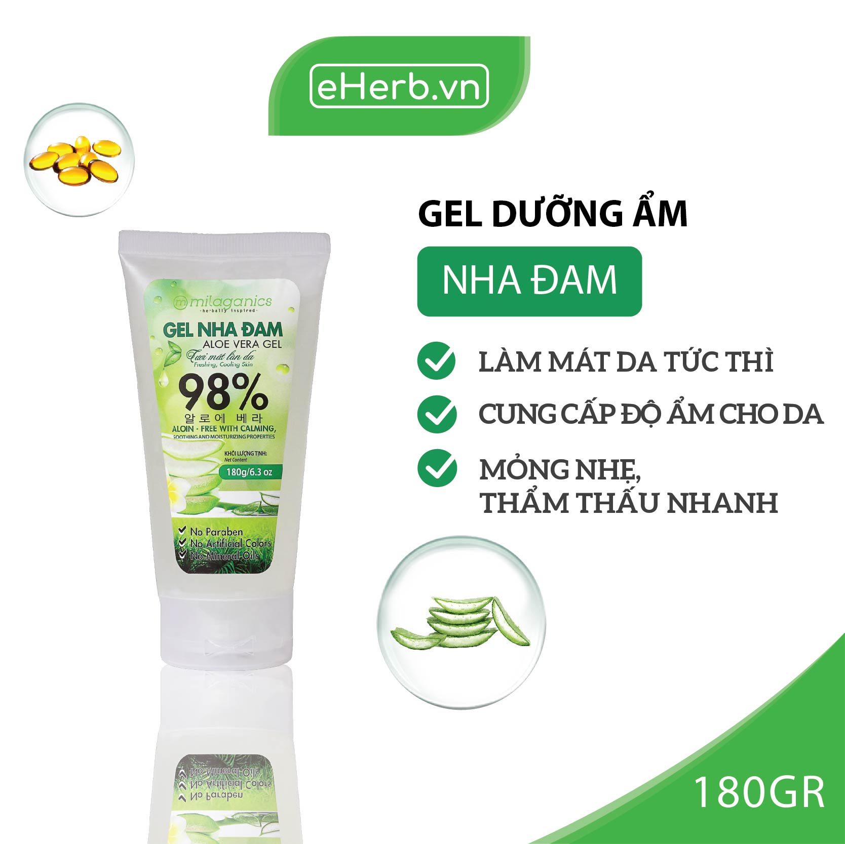 Gel Nha Đam Dưỡng Ẩm Đa Năng &amp; Làm Mềm Da Từ Nha Đam Tươi MILAGANICS 180gr (Tuýp)