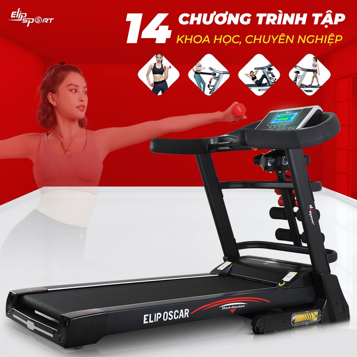 Máy chạy bộ điện ELIP Oscar chính hãng, Công suất 4.0HP, nâng dốc tự động, có đai massage, thanh gập bụng