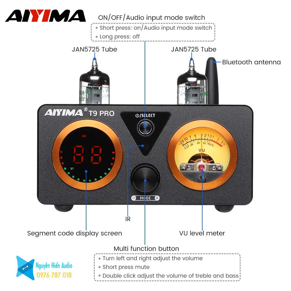 Amply kèm giải mã pre đèn AIYIMA T9pro 100Wx2 bản nâng cấp xuất sắc, hàng chính hãng AIYIMA