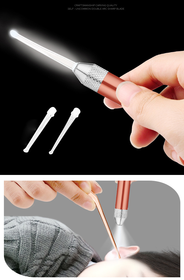Bộ Dụng Cụ Lấy Ráy Tai cho Bé Có Đèn LED bằng thép không gỉ màu vàng hồng chất lượng cao tặng kèm hộp nhôm nguyên khối DRU - Hàng Chính Hãng