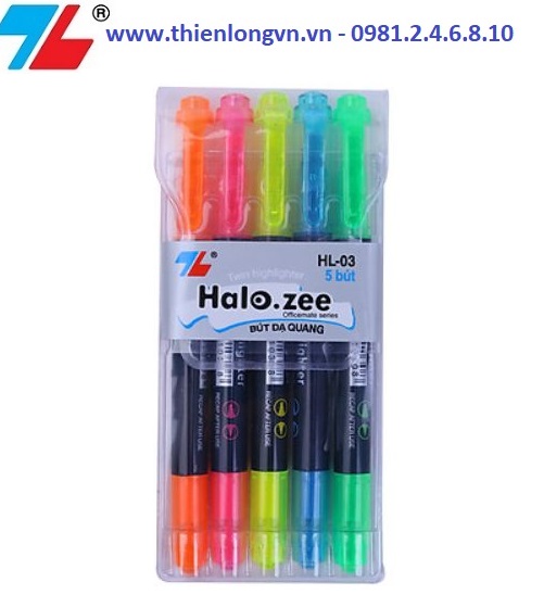 Vỉ 5 cây bút dạ quang 2 đầu Thiên Long; HL-03 - bộ 5 màu