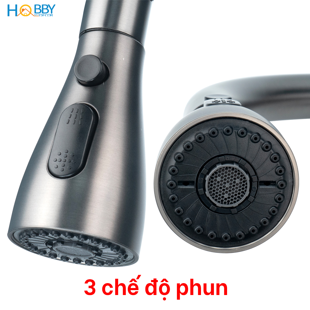 Vòi rửa chén nóng lạnh dây rút 3 chế độ Hobby home decor VDR7 Inox 304 sơn xám