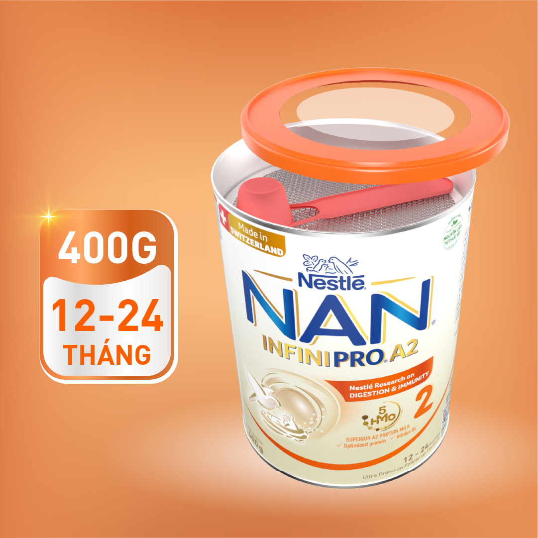 Sữa bột NAN INFINIPRO A2 Thụy Sĩ 2 400g, công thức đầu tiên kết hợp đạm A2 và 5HMO