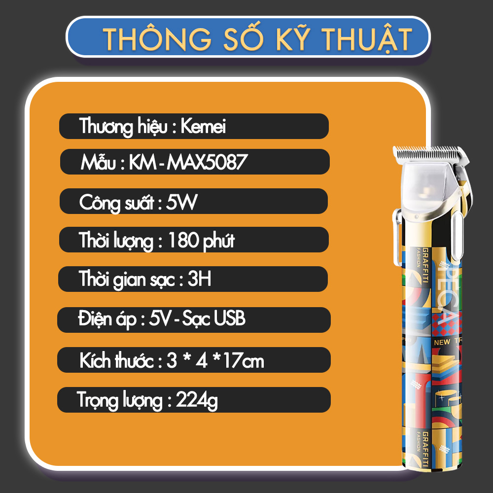 Tông đơ cắt tóc không dây Kemei KM-MAX5087 sạc USB type C pin trâu thiết kế hoa văn trend màu graffici độc đáo, có thể cắt tóc, cạo râu, fade tóc... Hàng chính hãng