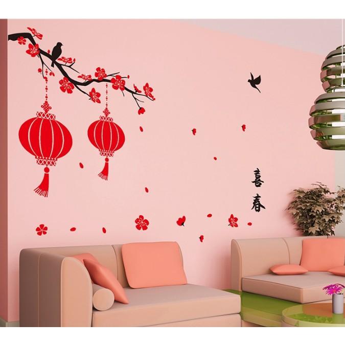 Decal trang trí Tết - Cành Mai đào đỏ và 2 Lồng Đèn trong gió