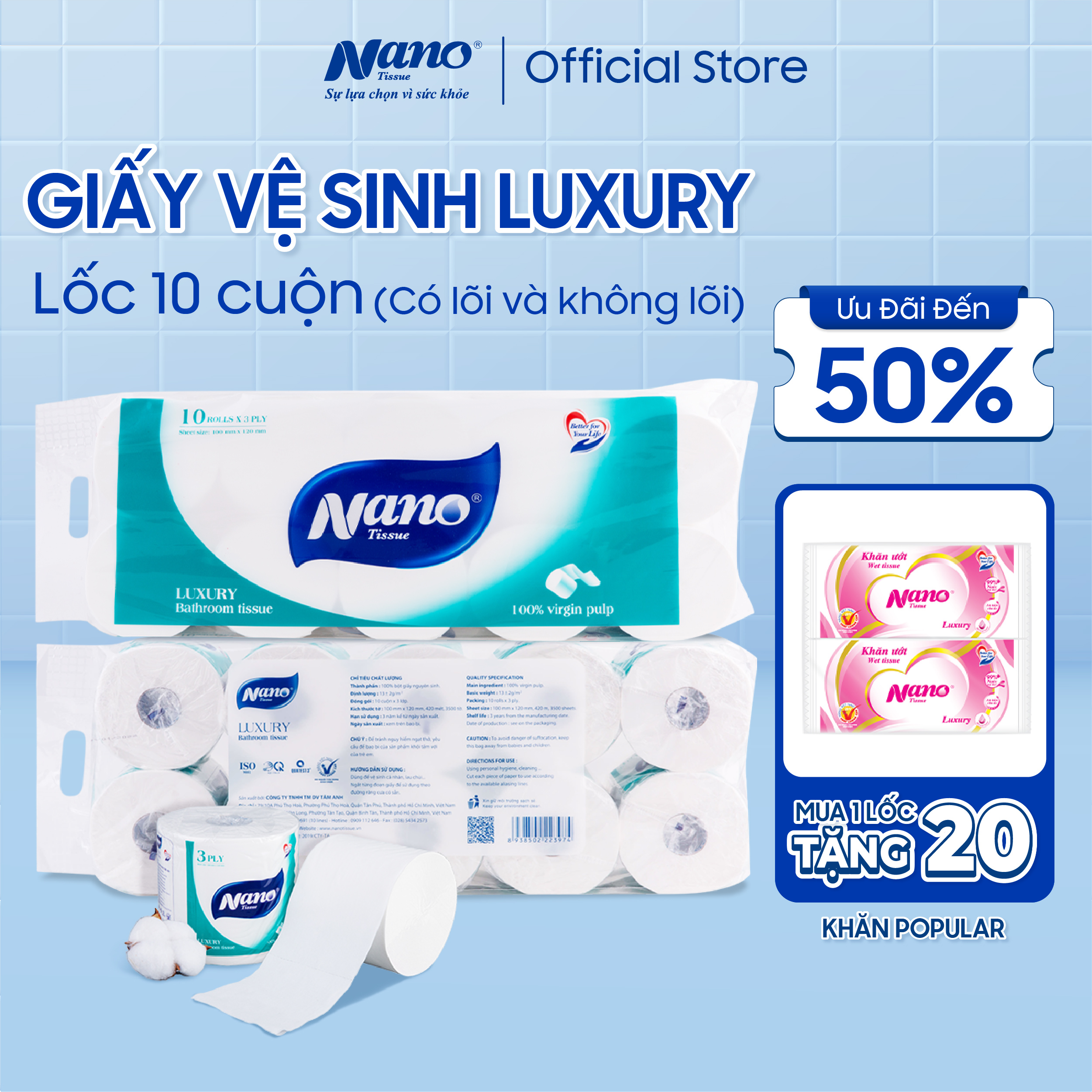 Giấy vệ sinh Luxury không lõi 10 cuộn, thương hiệu Nano, tiết kiệm chi phí cho gia đình-Nano Tissue