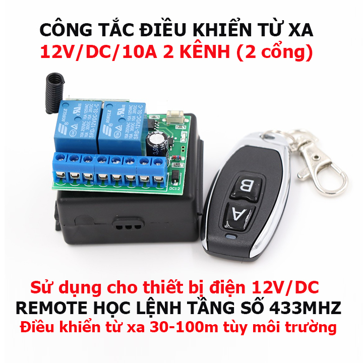 Công tắc điều khiển từ xa 12v 2 cổng (2 kênh) bật tắt 2 thiết bị độc lập