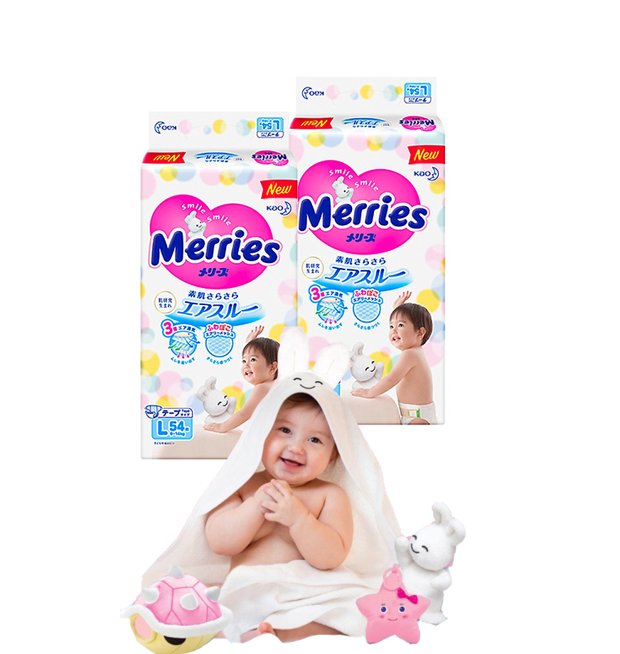 Combo 2 Tã Dán Merries L54 tặng khăn tắm sợi tre hình thỏ đáng yêu và đồ chơi tắm Toys House