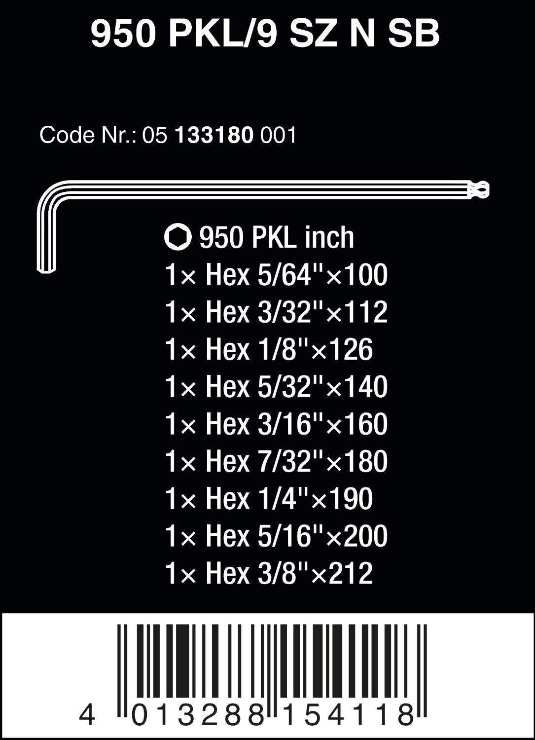 Bộ khóa lục giác hệ inch 950/9 Hex-Plus Imperial 1 SB, 9 cái, Wera 05133180001
