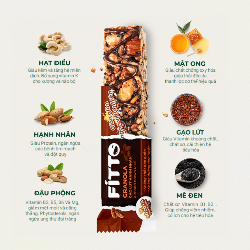 HỘP 6 THANH NĂNG LƯỢNG FITTO CHOCOLATE TỪ HẠT &amp; GẠO LỨT VỊ SÔ CÔ LA DÀNH CHO NGƯỜI ĂN KIÊNG, EAT LEAN, ĂN CHAY