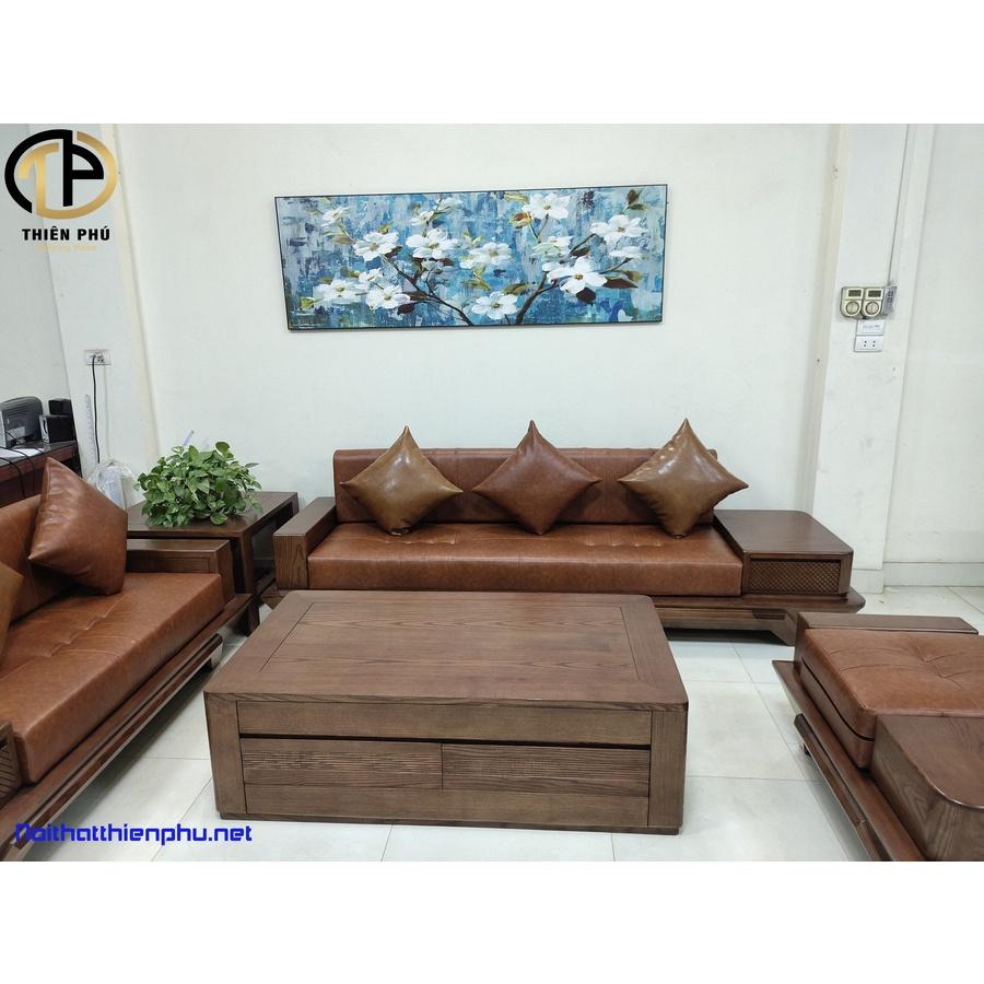 Mẫu mới 2022 - Sofa Gỗ Sồi Chân Thuyền TP-141-2 Hot, Gỗ Sồi Nga Màu Óc Chó, Đệm mút K43, Da Microfiber Giá Tại Xưởng