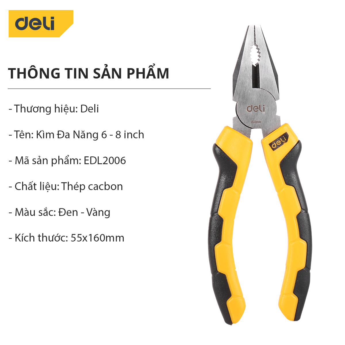 Kìm Đa Năng 6-8 inch Deli Cao Cấp Chính Hãng - Chất Liệu Thép Cacbon Siêu Bền - Có Thể Sử Dụng Nhiều Mục Đích