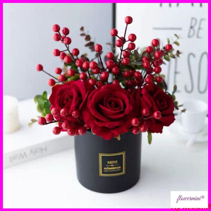 Lọ hoa hồng điểm quả cherry cắm sẵn nhiều mẫu để bàn trang trí nội thất, decor nhà hàng xinh xắn FLowermini
