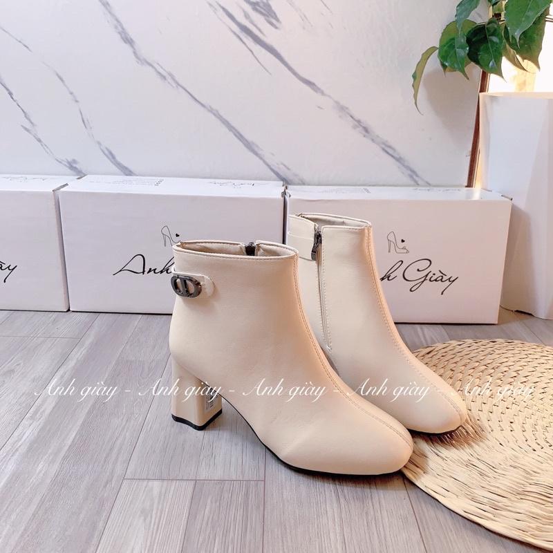 B08 - Bốt , boots mũi vuông thấp cổ da lì cạnh gót trụ 7p DD , kiểu dáng trẻ trung dễ phối đồ chân váy, quần sooc