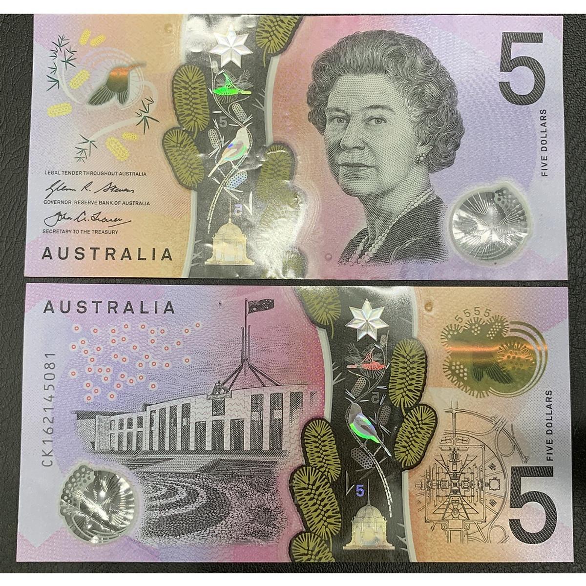 Tờ tiền Australia 5 Dollars Úc bằng polyme hình nữ hoàng tuyệt đẹp , tiền châu Đại Dương , Mới 100% UNC, sưu tầm