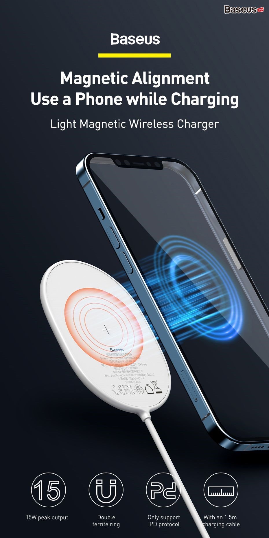 Đế sạc nhanh không dây 15W Baseus Light Magnetic Wireless Charger cho iPhone 12/11/XS Max và Android - hàng chính hãng