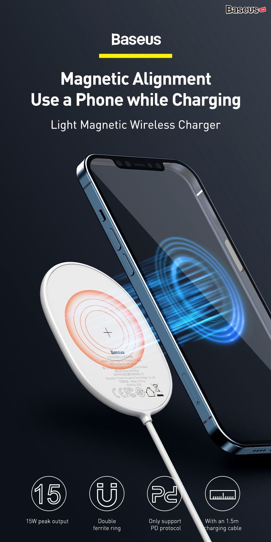 Đế sạc nhanh không dây 15W Baseus Light Magnetic Wireless Charger cho iPhone 12/11/XS Max và Android (15W,Magnetic, Wireless quick charger)- hàng chính hãng