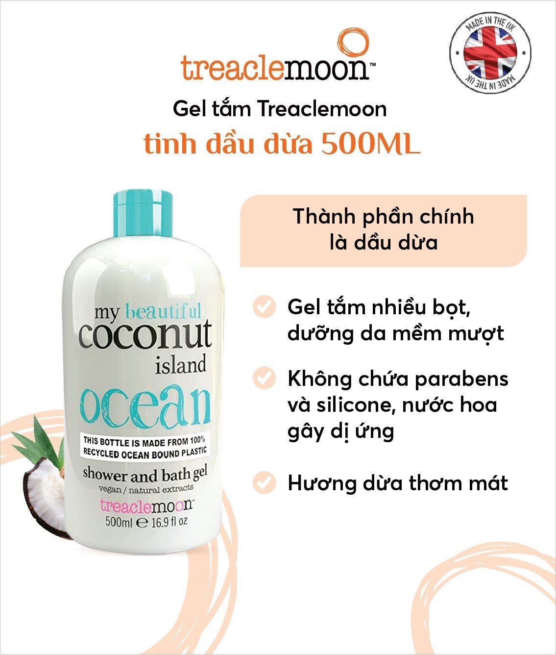 [ Tặng nước tẩy trang 100ml ] Gel tắm dưỡng da tinh dầu dừa Treaclemoon 500ml