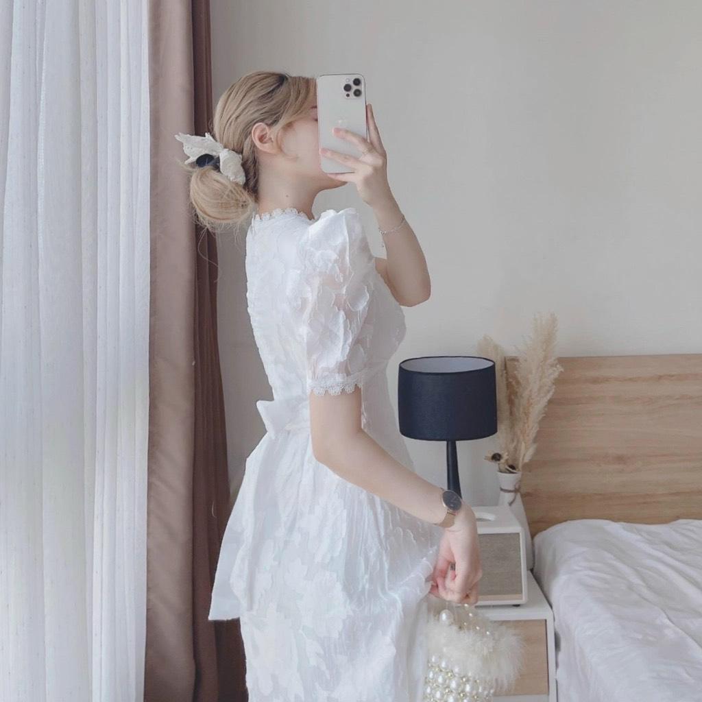 ĐẦM MIDI REN NẸP VIỀN CỘT NƠ LƯNG