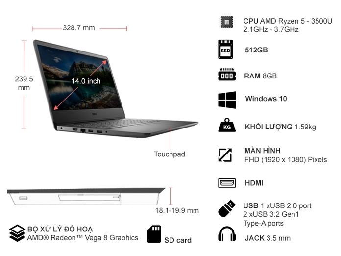 Laptop Dell Vostro 3405 V4R53500U003W(AMD R5-3500U/ 8GB/ 512GB PCIE/ 14 FHD/ Win10) - Hàng Chính Hãng