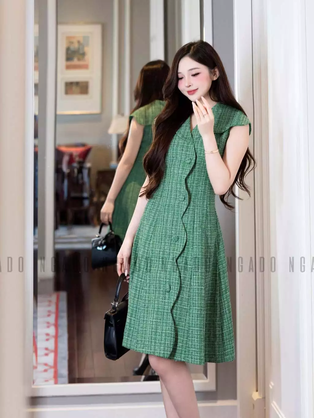 Đầm tweed xanh cổ vest NGADO , đầm ngắn dự tiệc