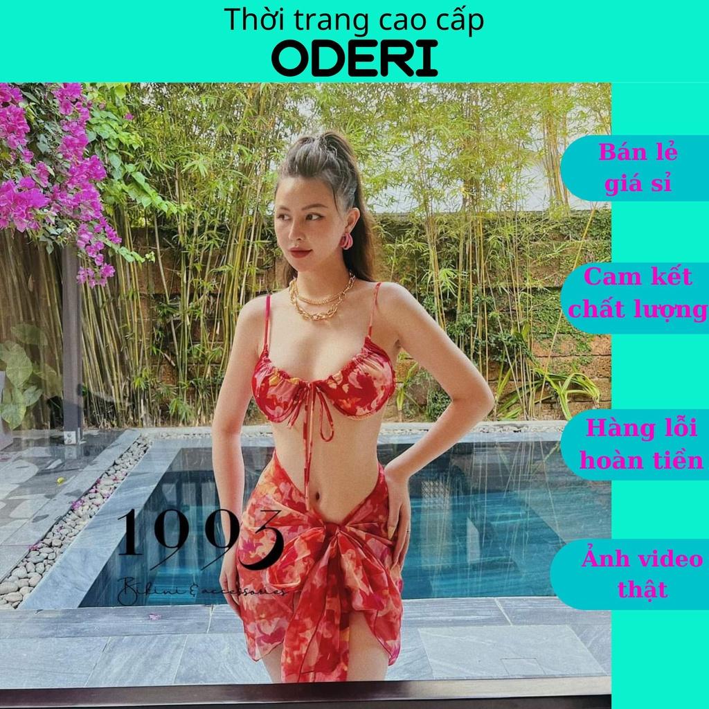 SET BIKIBI, ĐỒ BƠI ĐI BIỂN 3 MÓN ÁO GỌNG HOA  ĐỎ QUẦN TAM GIÁC KHOEN  KÈM KHĂN MẪU MỚI SEXY ODERI
