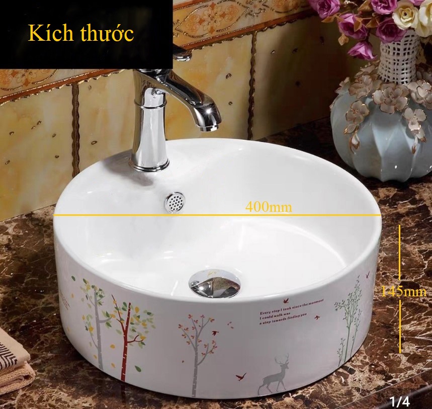 Chậu sứ lavabo để bàn màu trắng họa tiết xin xắn thích hợp phong cách giới trẻ