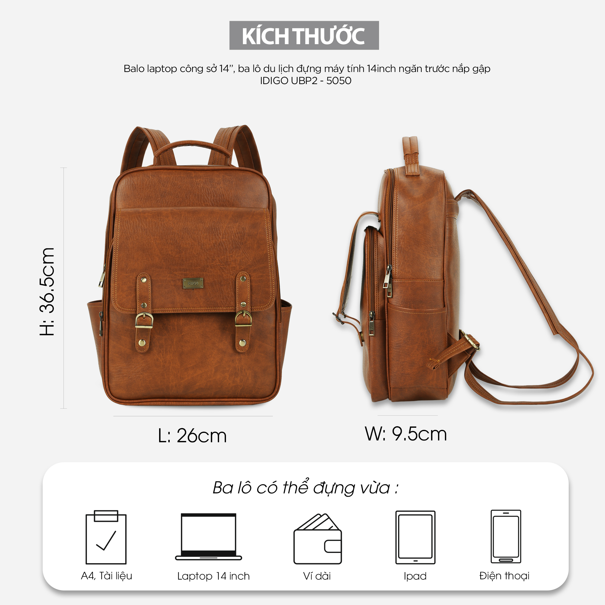 Balo laptop công sở 15”, ba lô du lịch đựng máy tính 15inch ngăn trước nắp gập IDIGO UBP2-5050