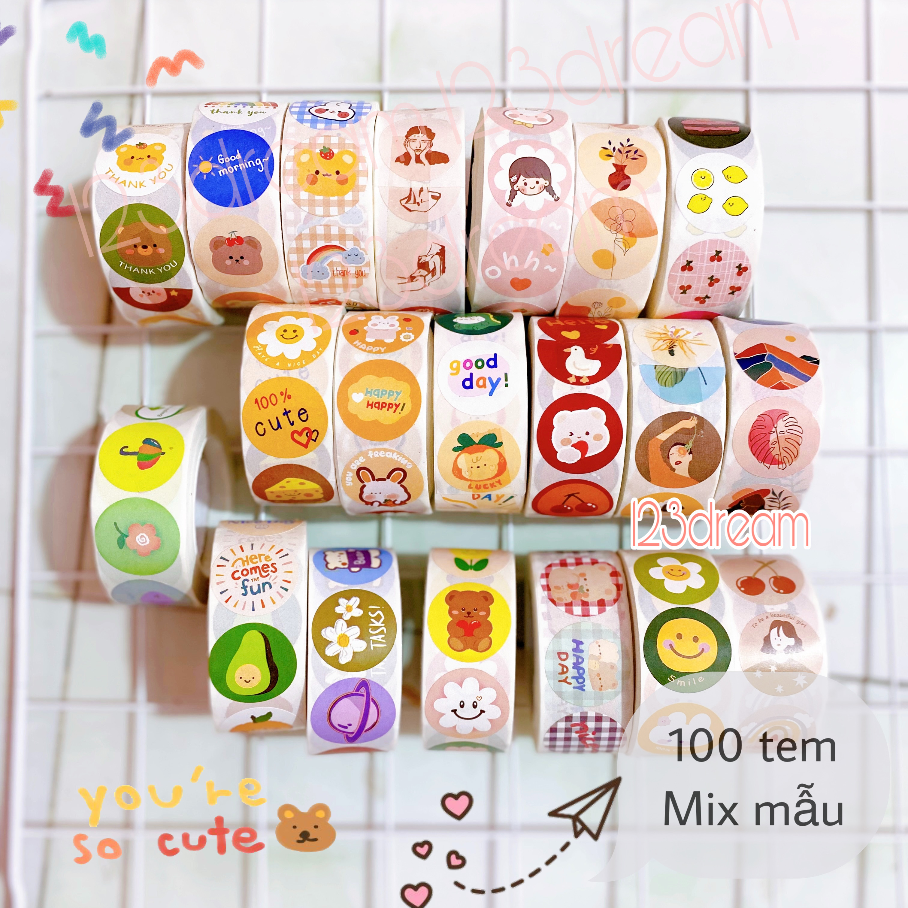 [Mix mẫu] Set 100 tem nhãn sticker mix các mẫu hình cute trang trí làm quà tặng