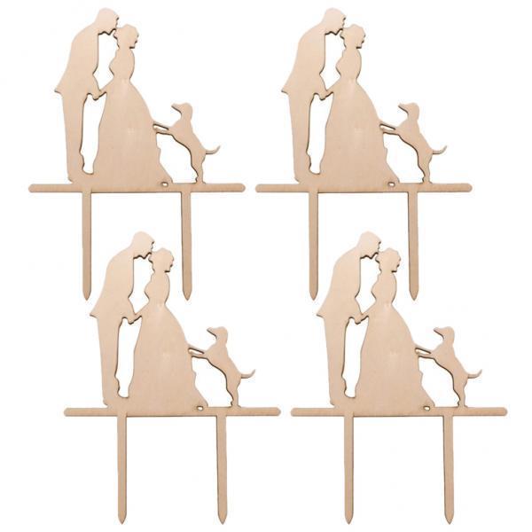 2X Pack of 4 Bride and Groom Silhouette with Dog Cake Topper Wedding Cake Decor