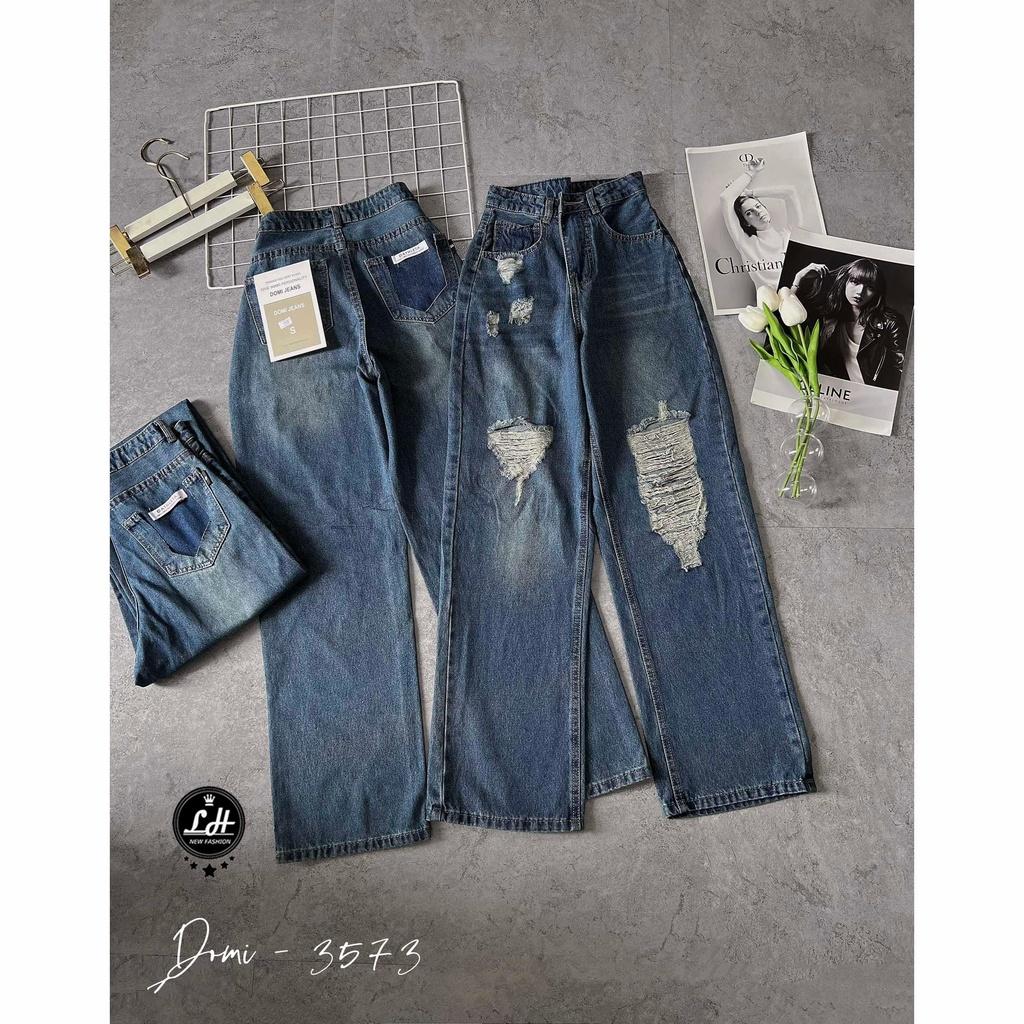 Quần jean nữ ống rộng, quần bò màu xanh rách gối rách túi tua rua khoét túi sau siêu lạ lưng cao Lê Huy Fashion MS 3573