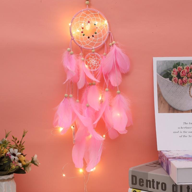 Dreamcatcher Đính Lông Vũ Có Đèn Led Màu Pastel/ Trắng/ Xanh/ Tím/ Hồng Treo Tường Trang Trí Phòng Ngủ Tặng Kèm Móc Dán