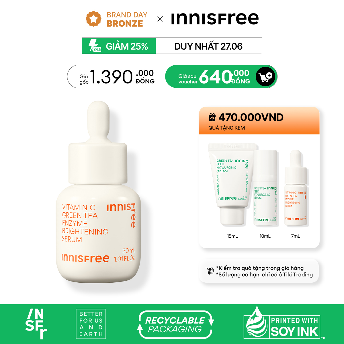 Serum viên nang Vitamin C siêu sáng da INNISFREE Vitamin C Green Tea Enzyme Brightening Serum 30ml