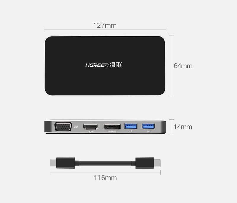 Ugreen UG40872CM120TK Màu Đen Bộ chuyển đổi TYPE C sang 2 USB 3.0 + DP + HDMI + VGA + chuyển dữ liệu + nguồn TYPE C - HÀNG CHÍNH HÃNG