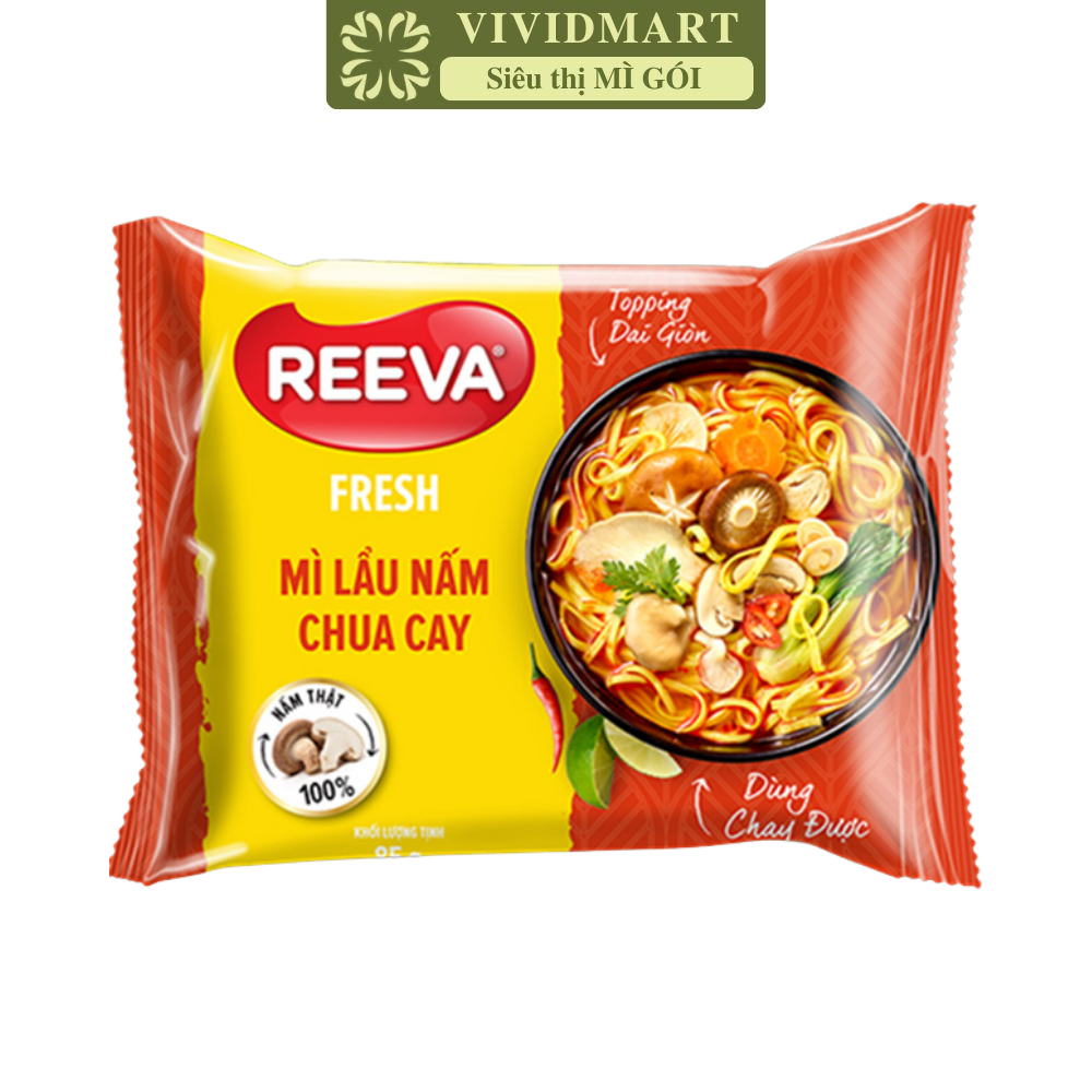 UNIBEN - Mì chay Reeva Fresh hương vị Lẩu nấm chua cay (có gói nấm thật), Mì chay Reeva ăn liền (85g/gói)