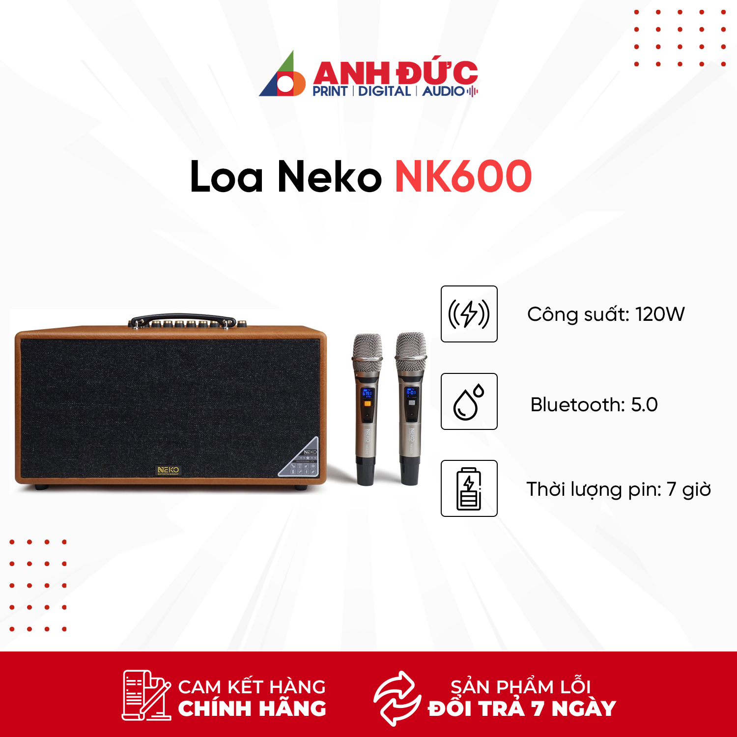 Loa Karaoke Di Động Xách Tay Neko NK600 - Kèm 2 Micro Không Dây - Hàng Chính Hãng