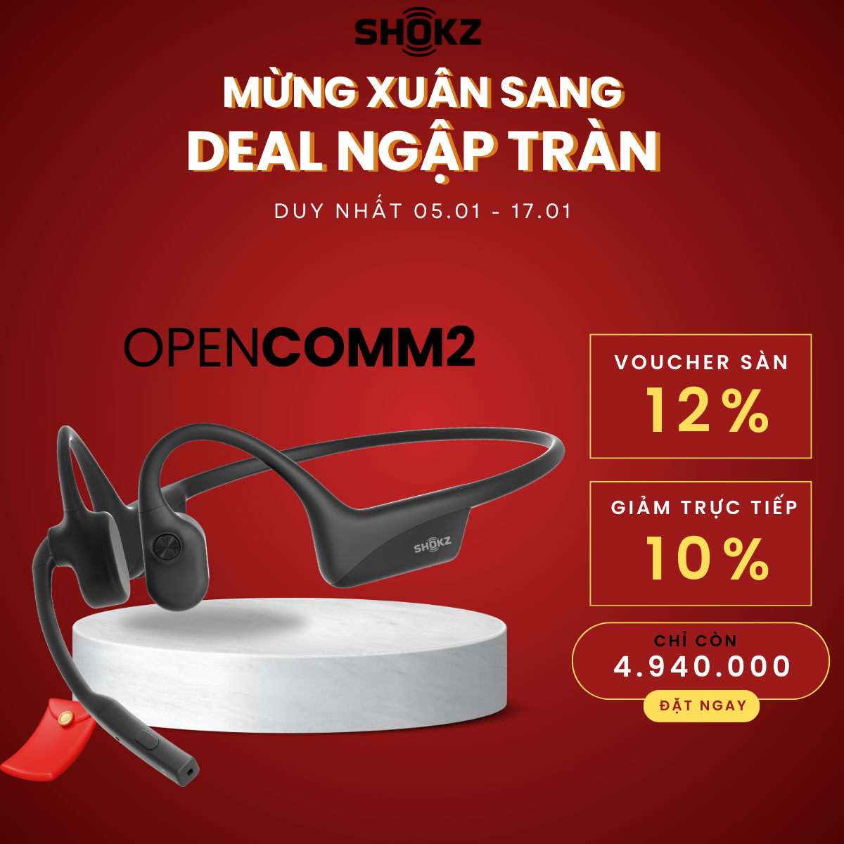 Tai nghe Bluetooth truyền âm thanh qua xương Shokz OPENCOMM2/OPENCOMM2 UC - Hàng Chính Hãng