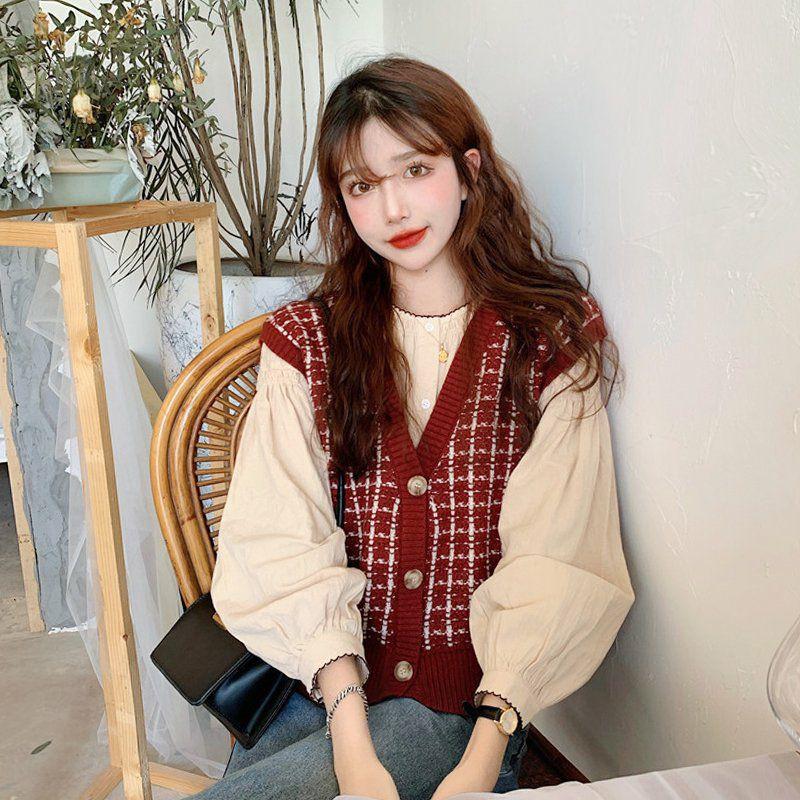 (Có sẵn) Áo gile cardigan đa năng mix sọc retro phong cách Vintage