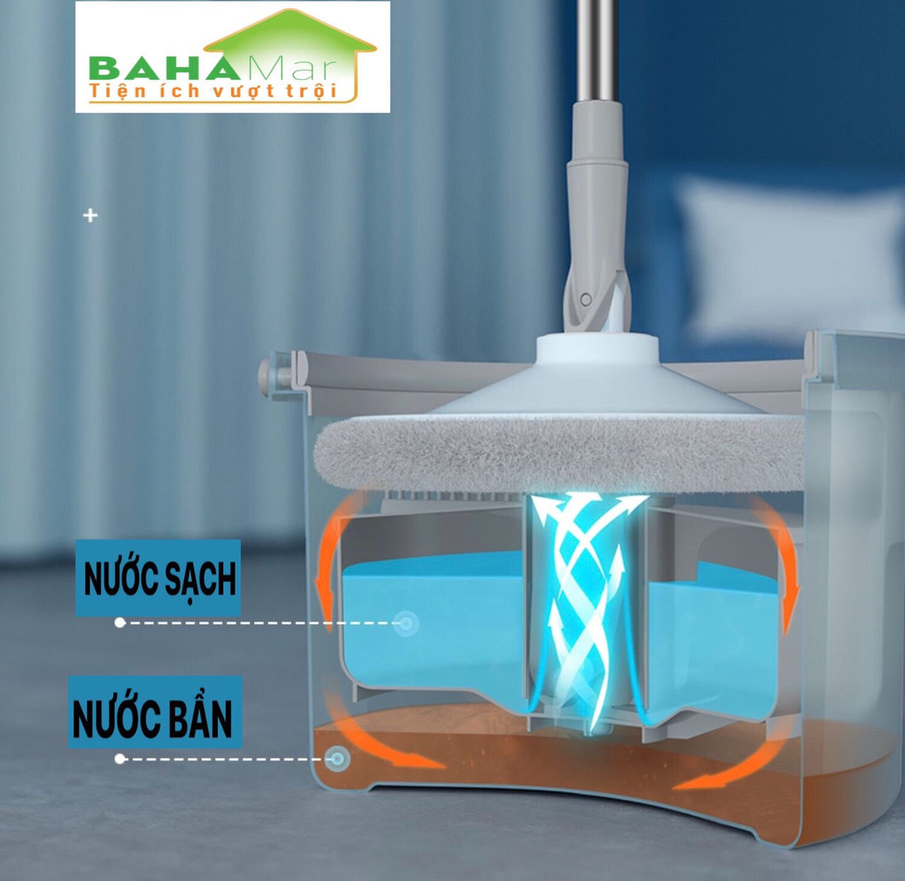 BỘ CÂY LAU SÀN CHẬU GIẶT VẮT GIẺ CÓ TÁCH BỎ NƯỚC BẨN BAHAMAR thuận tiện lau và giặt giẻ