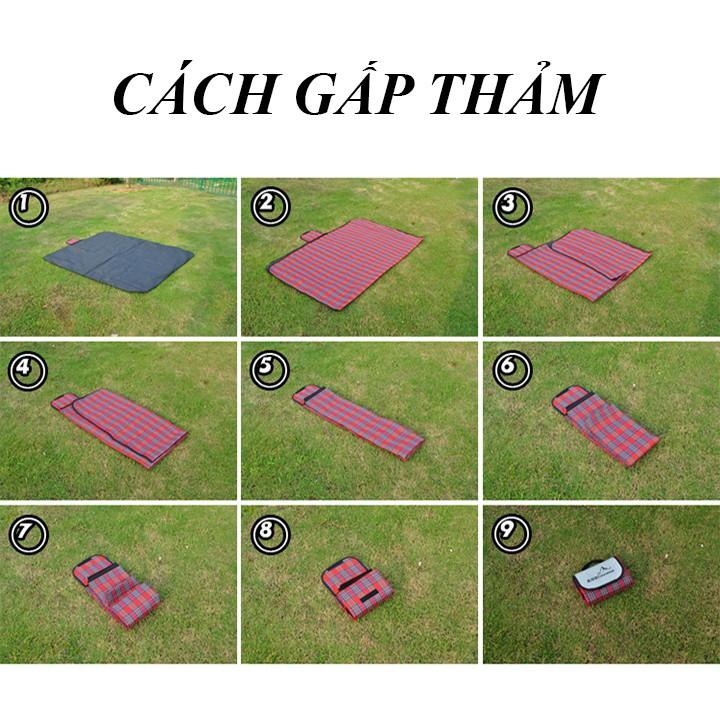 Thảm du lịch gấp gọn chống thấm nước 150cm x 180cm, thảm đi phượt picnic dã ngoại ngoài trời hoạ tiết caro