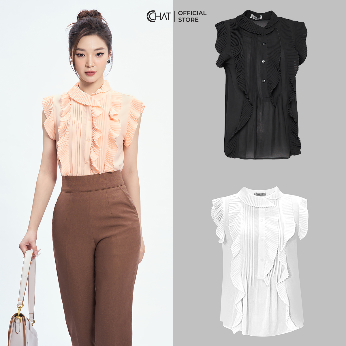 Áo Sơ Mi Nữ  Dập Ly Bấu Mí Chất Liệu Chiffon Cao Cấp 53FNH2012ST