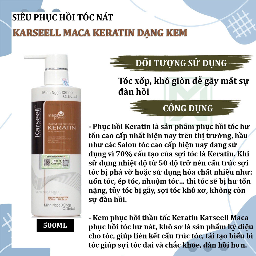[+Tặng mũ trùm] Keratin Karseell phục hồi tóc thần tốc 500ml