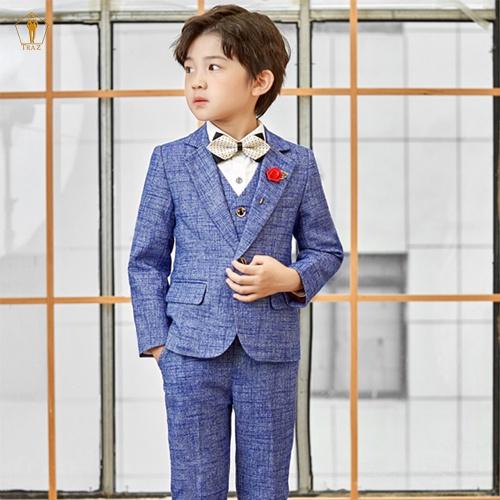 Set bộ vest bé trai TRAZmàu karo xước xám xanh vest đầy tháng thôi nôi