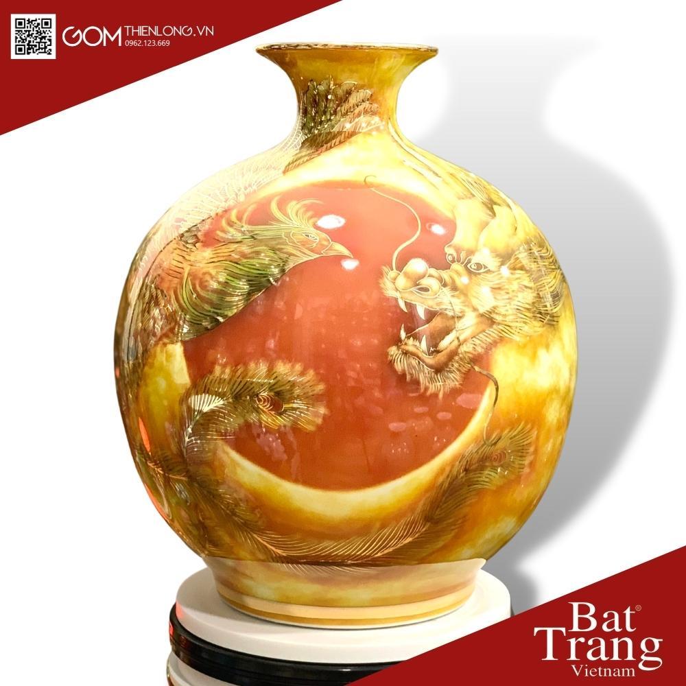 Bình Hút Tài Lộc Vẽ Vàng 3D Long Phụng Vờn Mây - Hàng Kỹ Độc Bản - Bình Hút Lộc Bát Tràng - Gốm Thiên Long